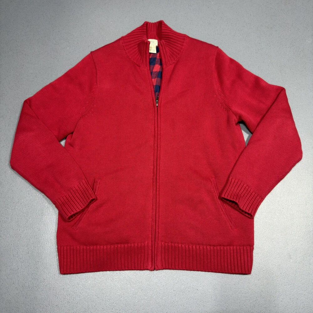 LL Bean Flannel Lined Full Zip Sweater Jacket Mens Large Red Buffalo Plaid